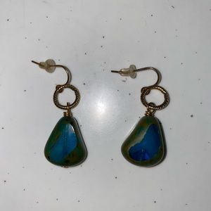 Gold Dangle Earrings with Blue Green Stone